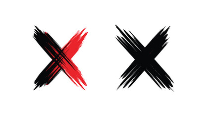 Obraz premium Two grunge style cross marks or letter X icons hand-painted with rough black and red brush strokes for a bold and textured design.