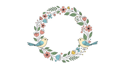 Delicate floral wreath with two cute blue birds perched among colorful pink and yellow flowers creating a charming circular frame.