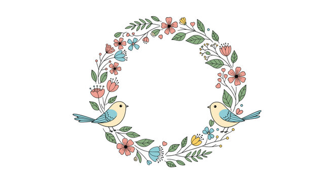 Delicate floral wreath with two cute blue birds perched among colorful pink and yellow flowers creating a charming circular frame. - Powered by Adobe