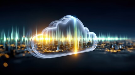 Cloud technology revolution digital transformation in urban landscapes infographic representation night view futuristic concept