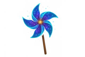 Pinwheel toy glowing with magic and glitter, featuring blue and purple gradient colors, fantasy illustration artwork