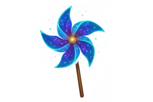 Pinwheel toy glowing with magic and glitter, featuring blue and purple gradient colors, fantasy illustration artwork