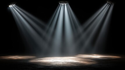 Trio of bright spotlights illuminating a dark background to highlight key moments during performances and presentations