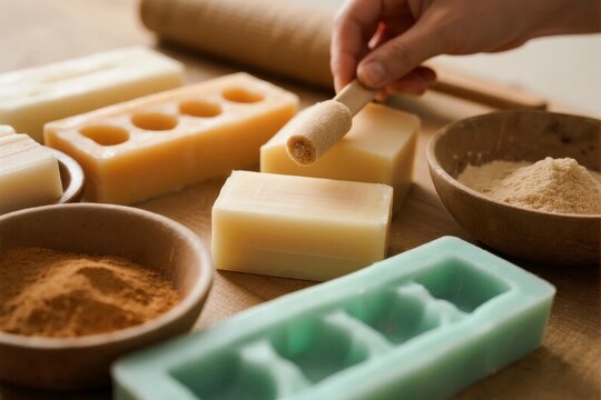 Hand crafting soap bars using natural ingredients and molds on a wooden surface