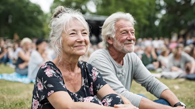 Senior couple watching outdoor concert. Elderly pair sits on lawn. Surrounded by audience crowd. Enjoying live music performance. Retirement leisure community event.