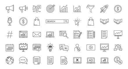 Collection of linear marketing and business icons, showcasing various aspects of promotion, strategy, and online presence