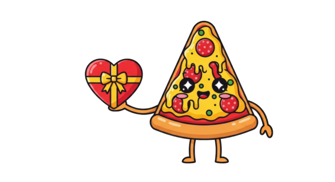 Cute Pizza Slice Character Holding HeartShaped Chocolate Box.