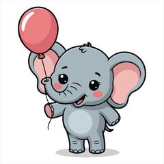 Obraz premium Cute Baby Elephant with Balloon Clipart – Cartoon Animal Character on White Background