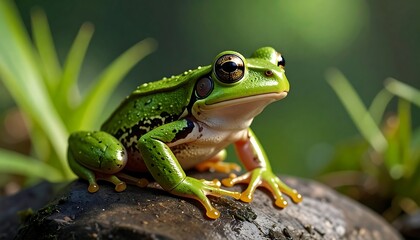 Obraz premium A vibrant, green amphibian perched on a damp, weathered stone