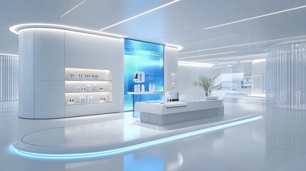 Sleek and sophisticated futuristic retail showroom featuring minimalist white architecture illuminated shelves with products a central display counter and a vibrant blue digital screen