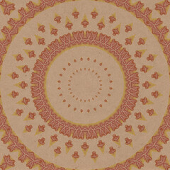 Vintage decorative background featuring detailed circular geometric symmetry created with hand-painted watercolor motifs on textured recycled kraft paper, forming an artistic mandala style pattern