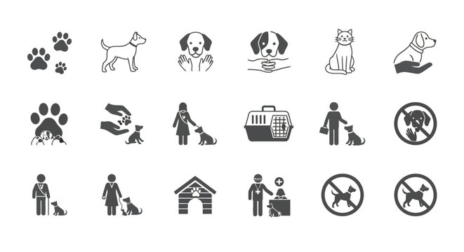 Collection of vector icons related to pets, animal care, and veterinary services includes dog, cat, paw, and shelter