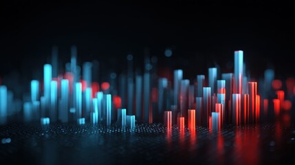 dynamic 3d bar chart visualization with red and blue glowing lights representing data growth and financial analysis in a modern tech environment