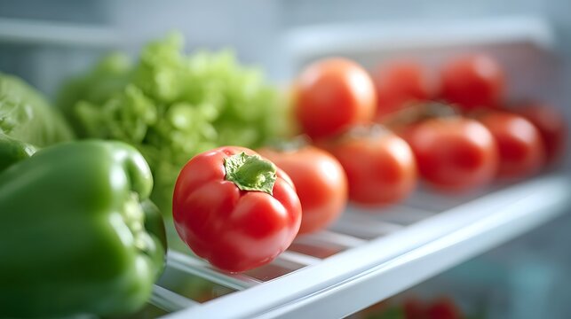 Vibrant red bell pepper in the foreground with other fresh produce like green peppers ripe tomatoes and crisp lettuce organized on refrigerator shelves symbolizing health and culinary potential