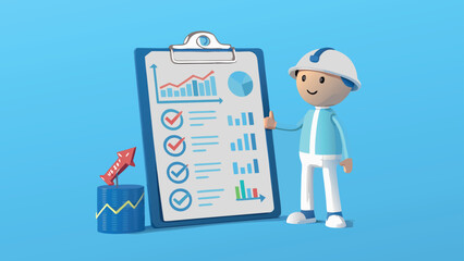 Project Management and Reporting Illustration - Worker with Clipboard and Performance Charts