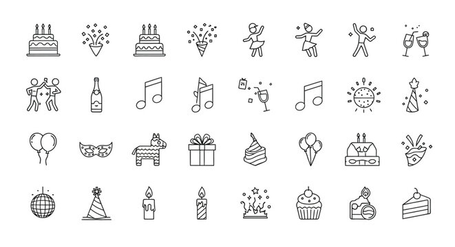 Set of party icons collection of birthday, celebration, and fun related symbols in doodle style vector illustration
