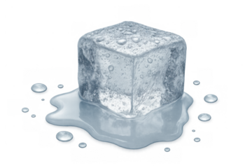 Ice cube melting, creating a puddle of water and condensation droplets, cold refreshing drink element, transparent background