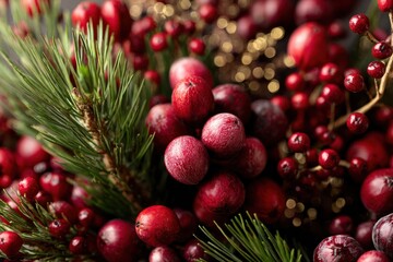 Festive Cranberry and Pine Branch Holiday Arrangement Close-Up.