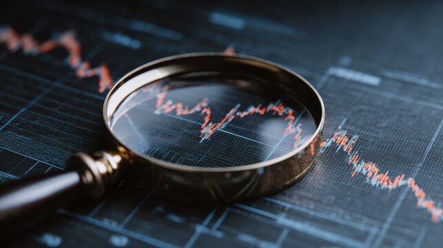 a magnifying glass focuses on a fluctuating line graph symbolizing analysis and scrutiny in data trends and financial metrics