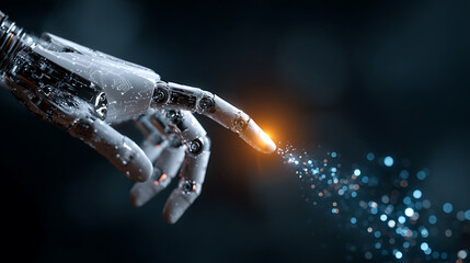 Machine learning concept showing robot-human hand touch during digital data exchange for technology background applications.