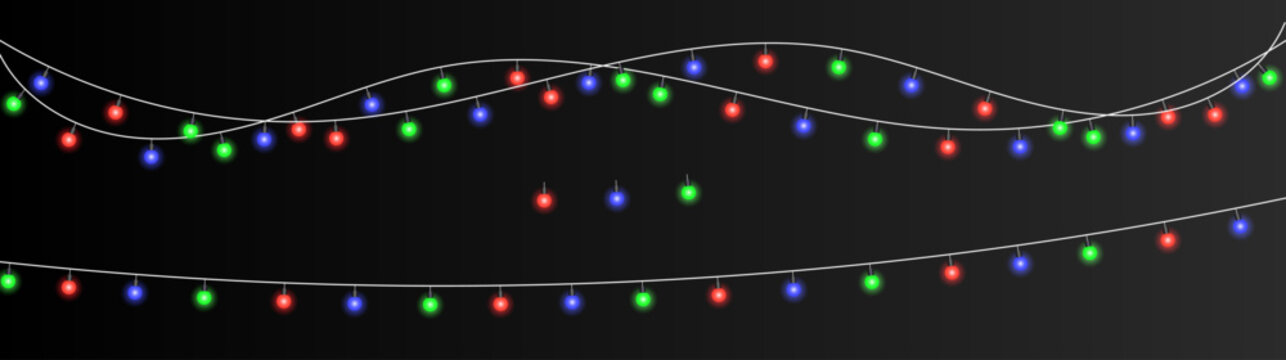 RGB hanging string light bulbs on transparent or black background &ndash; realistic glowing led night lighting elements