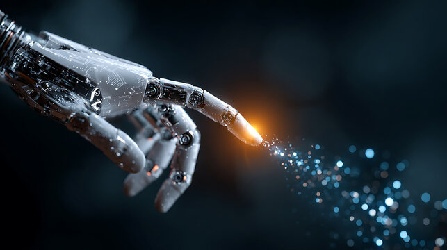 Machine learning concept showing robot-human hand touch during digital data exchange for technology background applications.
