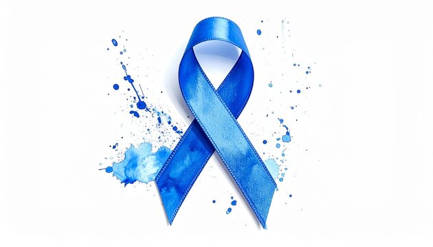 Blue Awareness Ribbon with Paint Splashes on White Background