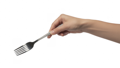 Hand holding a metal fork isolated on a transparent background