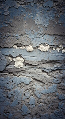 Textured concrete wall with peeling blue paint and white fungi