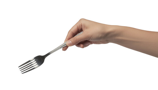 Hand holding a metal fork isolated on a transparent background