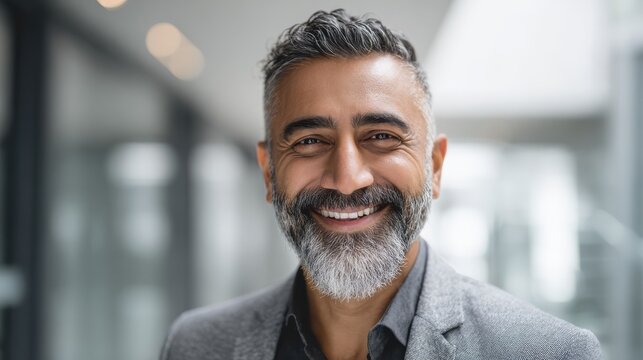 happy smiling bearded indian business man small business owner company leader or sales manager male hispanic ceo executive successful lawyer looking at camera standing in office headshot portrait