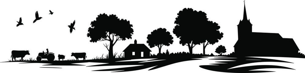 Countryside, rural, silhouette, farm, tractor, cows, church, house, trees, birds, nature, landscape, agriculture, village, peaceful, field, graphic, black, minimal, scene © Ideasy Mind