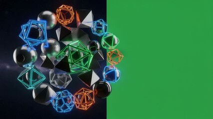 Abstract geometric shapes glowing neon blue orange green spheres and polyhedra floating in cosmic space - Powered by Adobe
