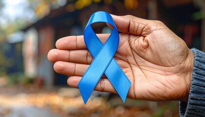 Hand Holding Blue Awareness Ribbon on Gray Background