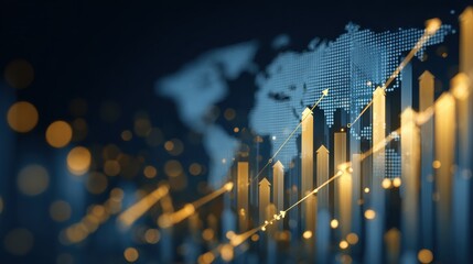 abstract financial growth background with rising bar and line graphs world map overlay and upward arrows modern business data visualization in blue tones with golden highlights symbolizing success