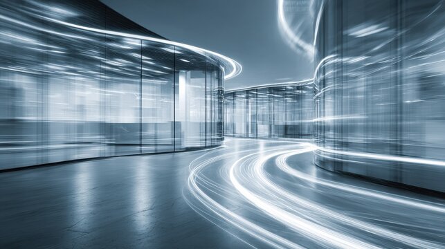 abstract bluetoned shot of a modern office with swirling light trails and glass walls