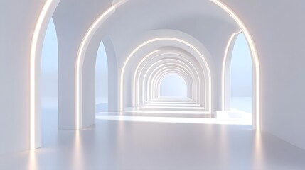 Fototapeta premium Expansive modern white corridor featuring a series of glowing archways and smooth reflective surfaces leading towards a bright distant opening