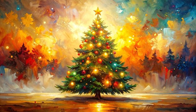 Illuminated Christmas Tree with Red and Gold Ornaments on Festive Background - Powered by Adobe