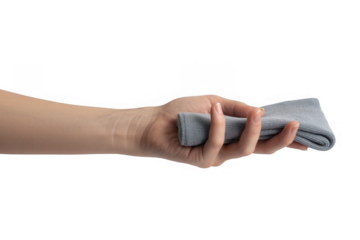 Hand holding gray microfiber cloth isolated on a transparent background