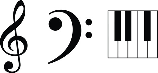 Treble clef, bass clef, piano, keyboard, music, symbol, icon, black, white, graphic, notation, sound, tone, harmony, melody, rhythm, instrument, classical, education, theory © Ideasy Mind