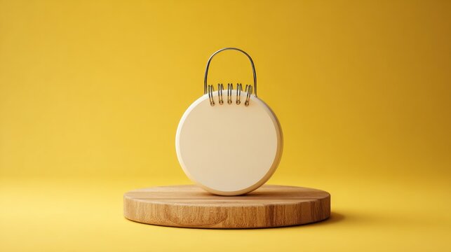 Minimalist Round Calendar on Wooden Stand Against Yellow Backdrop.