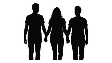 Three people holding hands silhouette isolated on white background, Vector