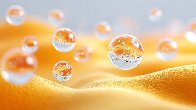 Abstract close up showing translucent spheres containing numerous micro bubbles suspended over a soft wavy orange textured material evoking scientific discovery or advanced formulations