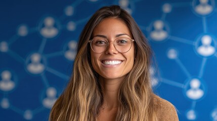 a smiling woman with long hair and glasses stands in front of a blue background featuring interconnected user icons symbolizing networking and communication