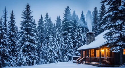 Cozy winter house in a snowy forest landscape