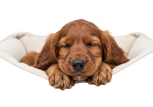 Adorable irish setter puppy sleeping peacefully in a cozy white blanket isolated on transparent background