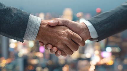 global business partnership successful handshake agreement corporate team collaboration in the city