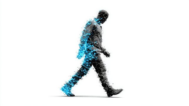 A man walking with striking blue fire on his back symbolizing passion and energy in a dynamic urban environment - Powered by Adobe