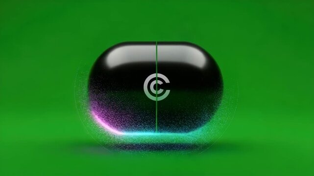 Abstract glowing orb with swirling energy particles and a central logo split by pink and blue light on a
