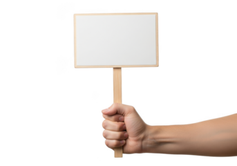 Hand holding a blank protest sign on a wooden stick ready for custom messages isolated on transparent background